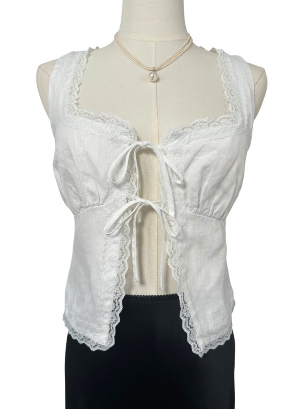 Reformation Rosalie Linen Top White Lace Trim Tie Front Romantic Boho 0 - Picture 2 of 5